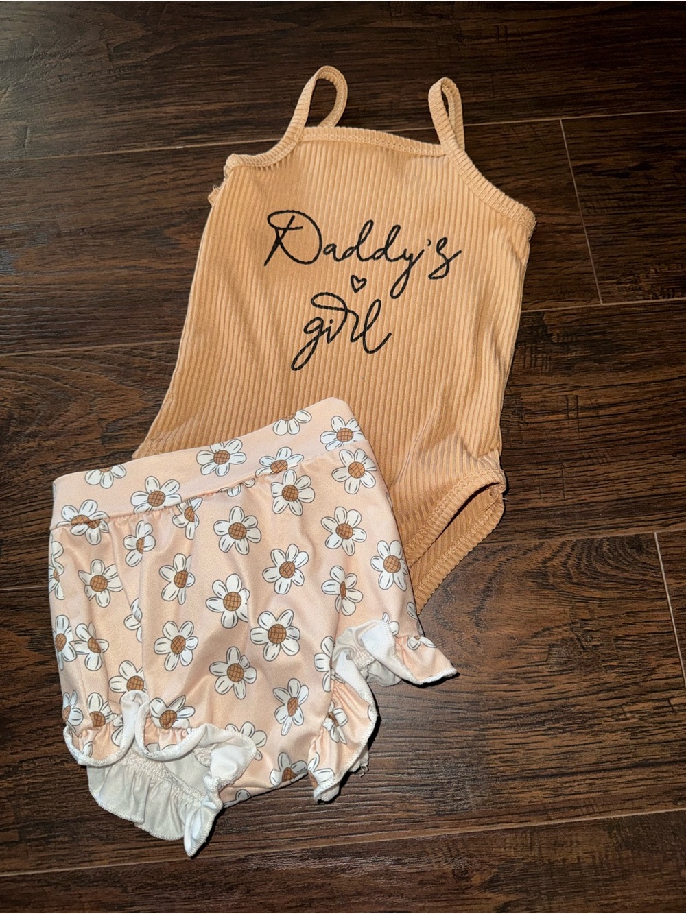 Beige 'Daddy's Girl' Ribbed Tank One-Piece + Floral Bloom Shorts Set